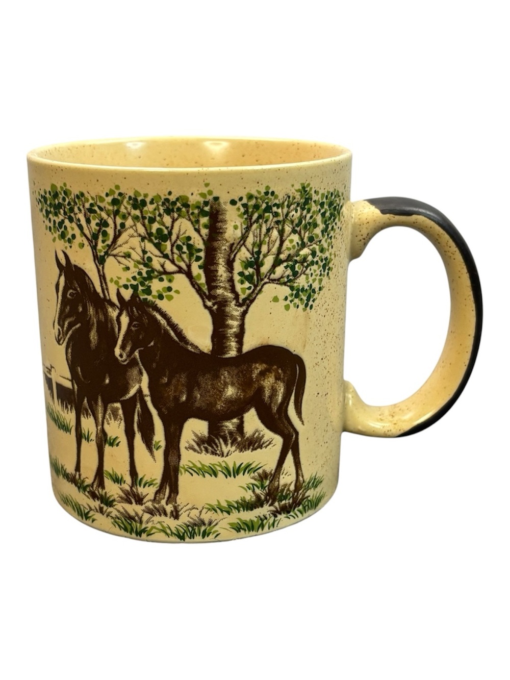 Otagiri Japan Vintage Stoneware Coffee Mug Horses Equestrian Speckled Tan 10oz